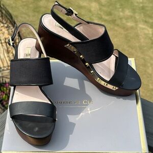 Nearly NEW Black and Gold Leather and Canvas Platform Wedge Casual Sandals